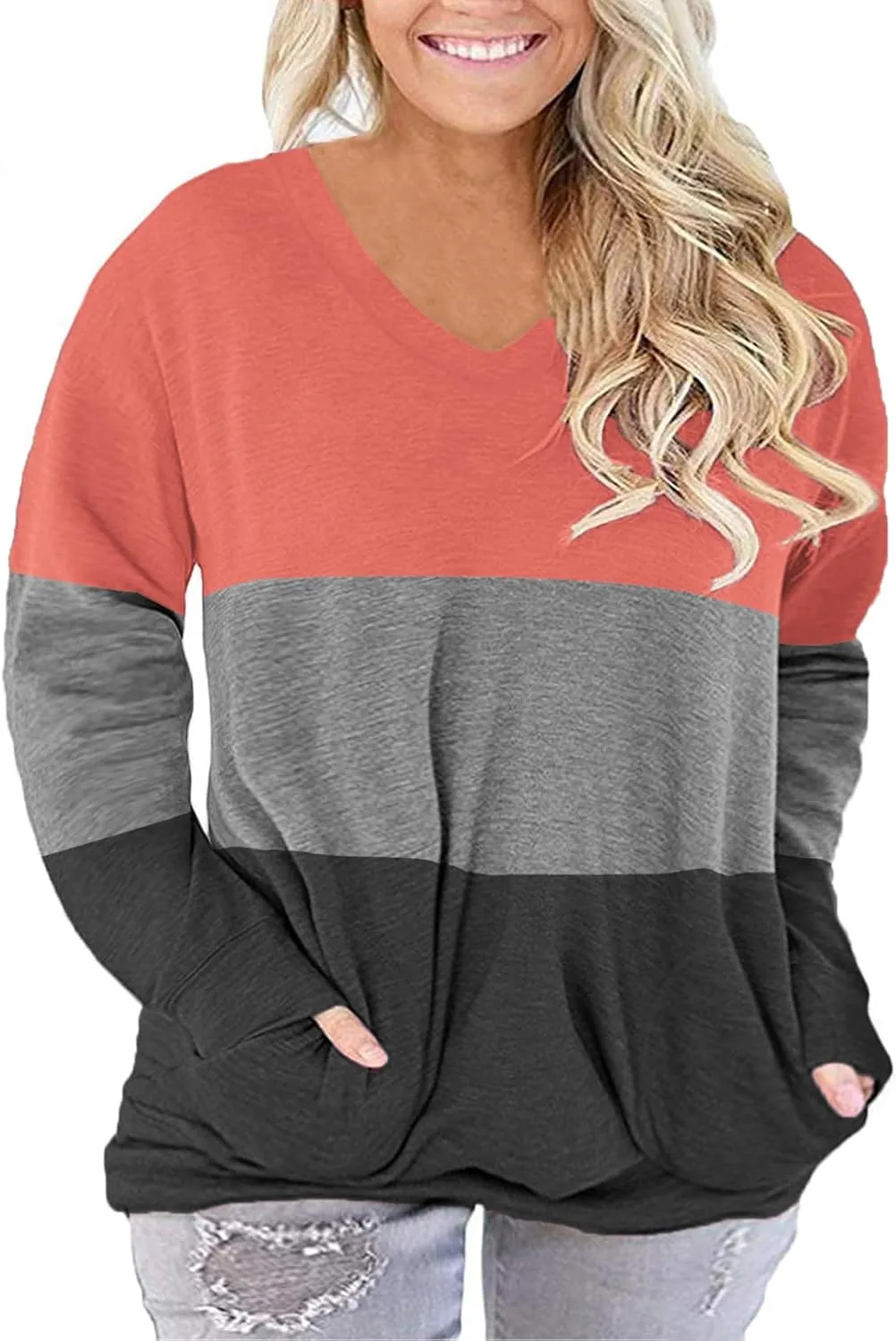 ROSRISS Plus-Size-Tops for Women Long Sleeve V Neck Shirts Oversized Pockets Tunics