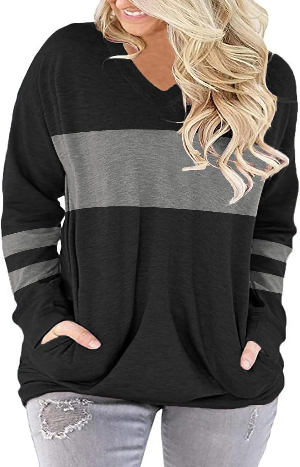 ROSRISS Plus-Size-Tops for Women Long Sleeve V Neck Shirts Oversized Pockets Tunics