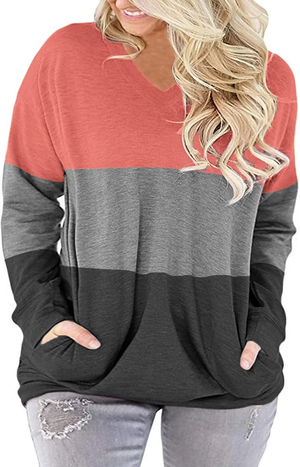 ROSRISS Plus-Size-Tops for Women Long Sleeve V Neck Shirts Oversized Pockets Tunics
