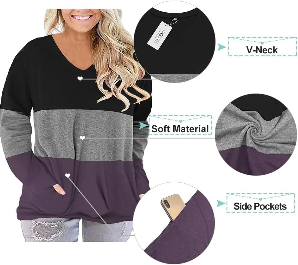 ROSRISS Plus-Size-Tops for Women Long Sleeve V Neck Shirts Oversized Pockets Tunics