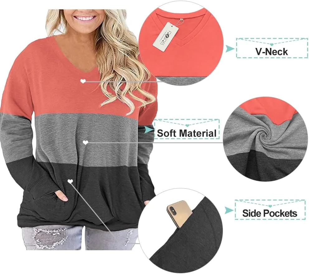 ROSRISS Plus-Size-Tops for Women Long Sleeve V Neck Shirts Oversized Pockets Tunics