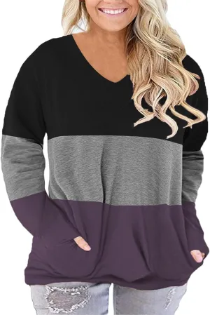 ROSRISS Plus-Size-Tops for Women Long Sleeve V Neck Shirts Oversized Pockets Tunics