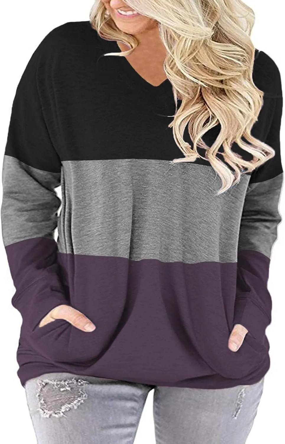 ROSRISS Plus-Size-Tops for Women Long Sleeve V Neck Shirts Oversized Pockets Tunics