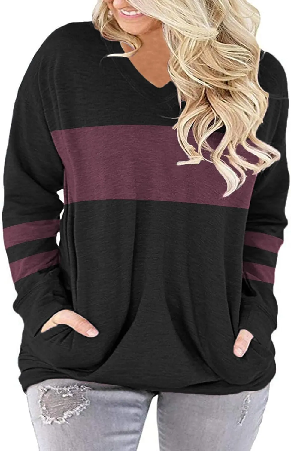 ROSRISS Plus-Size-Tops for Women Long Sleeve V Neck Shirts Oversized Pockets Tunics