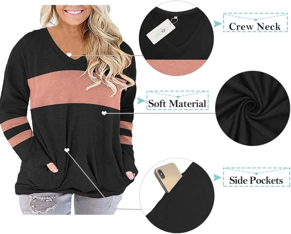 ROSRISS Plus-Size-Tops for Women Long Sleeve V Neck Shirts Oversized Pockets Tunics