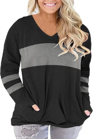 ROSRISS Plus-Size-Tops for Women Long Sleeve V Neck Shirts Oversized Pockets Tunics