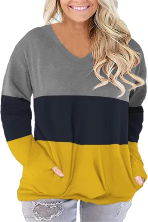 ROSRISS Plus-Size-Tops for Women Long Sleeve V Neck Shirts Oversized Pockets Tunics