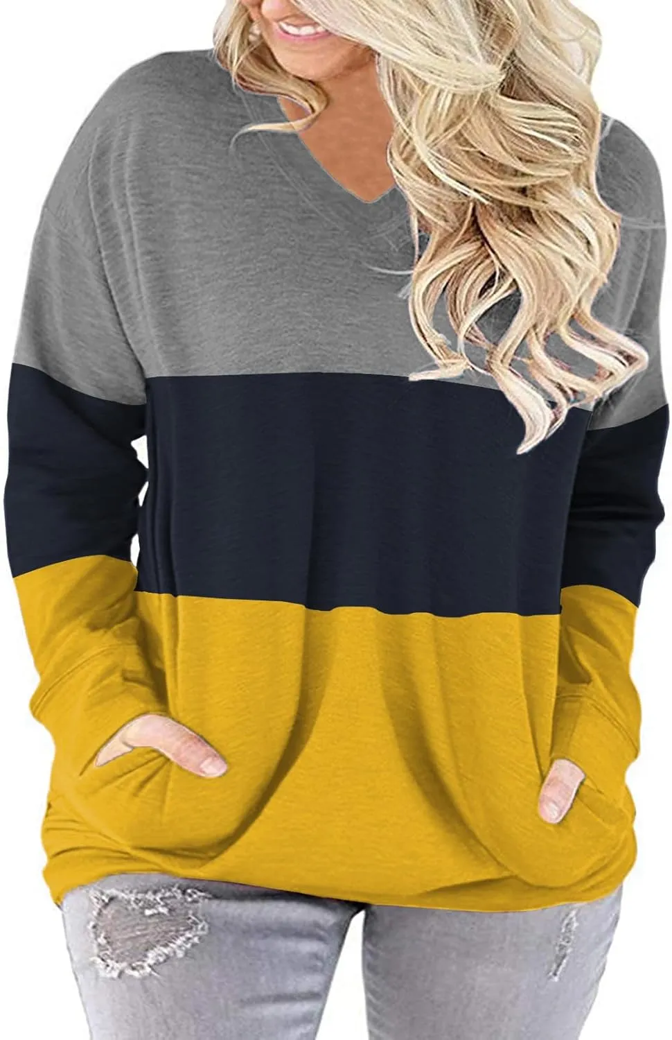 ROSRISS Plus-Size-Tops for Women Long Sleeve V Neck Shirts Oversized Pockets Tunics
