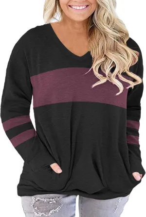 ROSRISS Plus-Size-Tops for Women Long Sleeve V Neck Shirts Oversized Pockets Tunics
