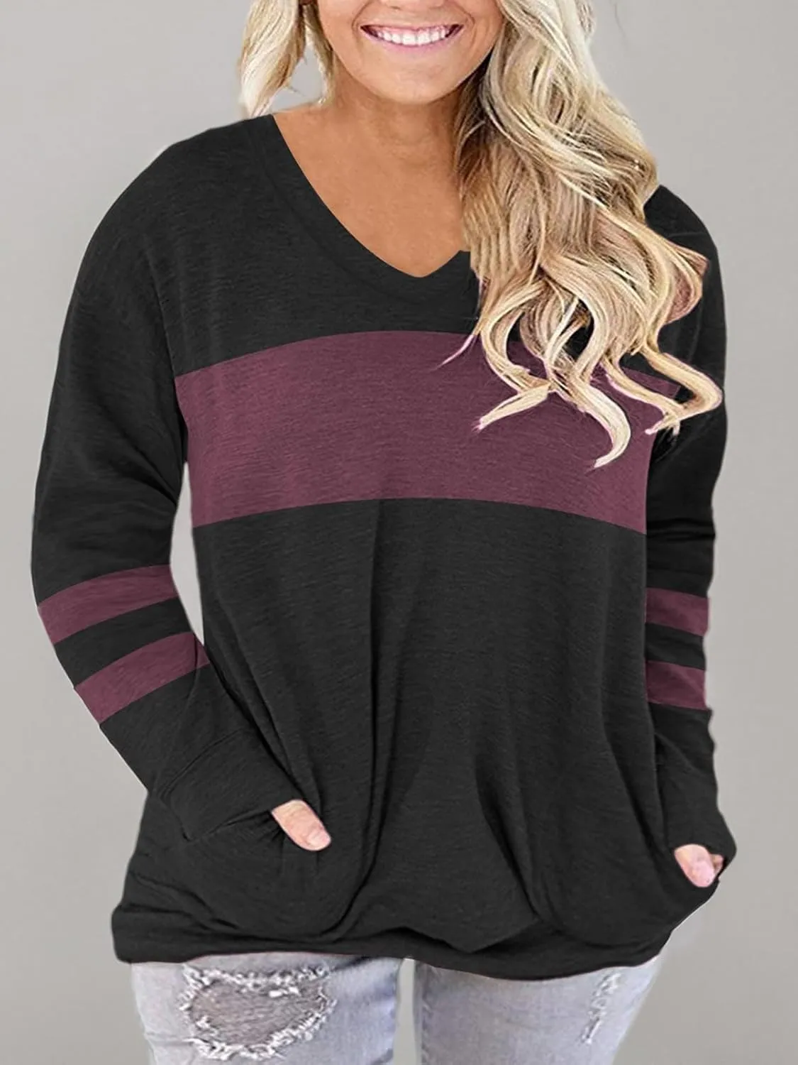 ROSRISS Plus-Size-Tops for Women Long Sleeve V Neck Shirts Oversized Pockets Tunics