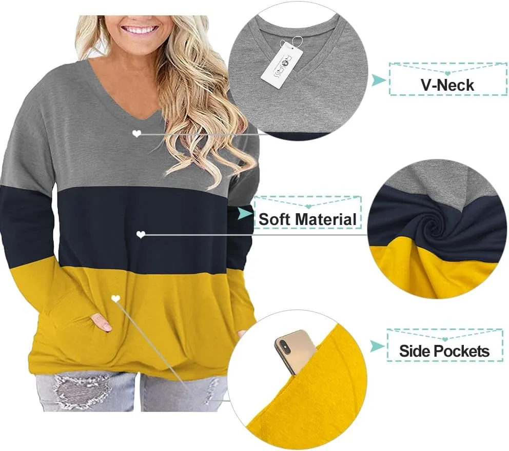 ROSRISS Plus-Size-Tops for Women Long Sleeve V Neck Shirts Oversized Pockets Tunics