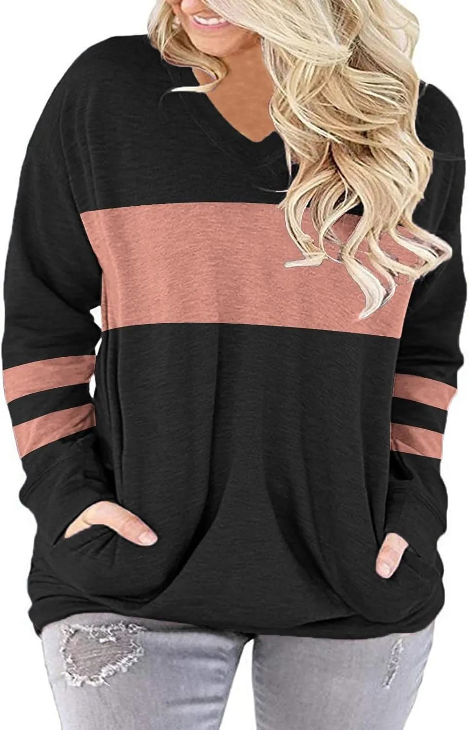 ROSRISS Plus-Size-Tops for Women Long Sleeve V Neck Shirts Oversized Pockets Tunics