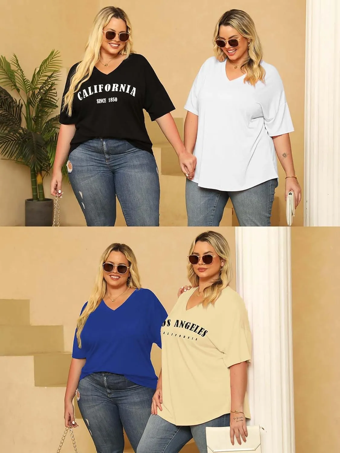 ROSRISS Plus-Size Tops for Women Oversized V Neck Shirts Drop Shoulder Tunics XL-5XL