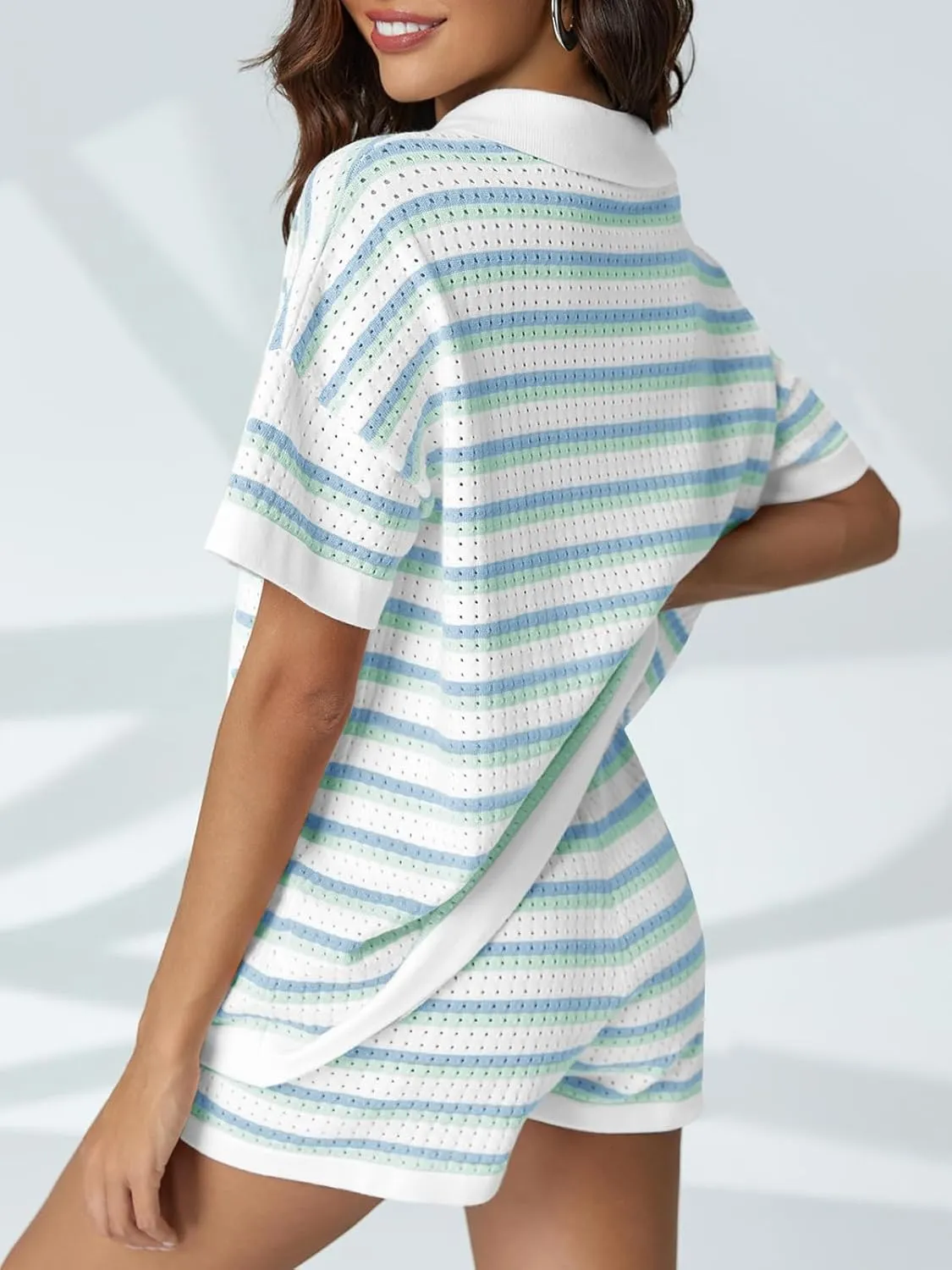 Saodimallsu Womens Striped Pajama Sets Short Sleeve Color Block Crochet Knit Button Top and Shorts 2 Piece Summer Sets