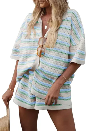 Saodimallsu Womens Striped Pajama Sets Short Sleeve Color Block Crochet Knit Button Top and Shorts 2 Piece Summer Sets