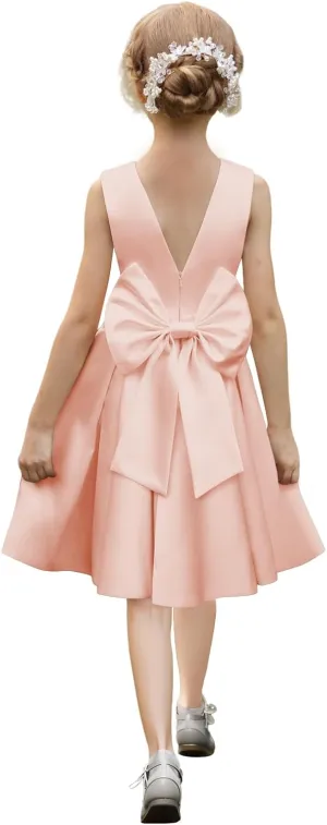 Satin Flower Girl Dresses for Wedding Floor Length Backless Princess Pageant Dress with Bow Pearls Proms Ball Gowns