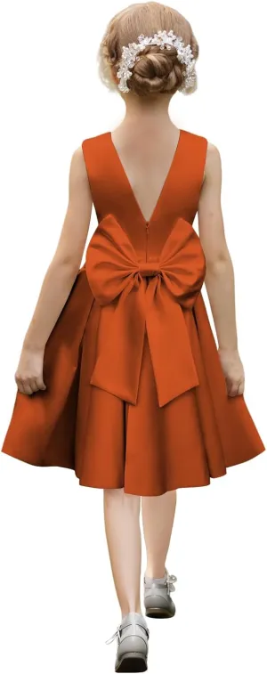Satin Flower Girl Dresses for Wedding Floor Length Backless Princess Pageant Dress with Bow Pearls Proms Ball Gowns