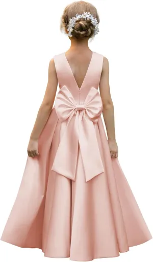 Satin Flower Girl Dresses for Wedding Floor Length Backless Princess Pageant Dress with Bow Pearls Proms Ball Gowns