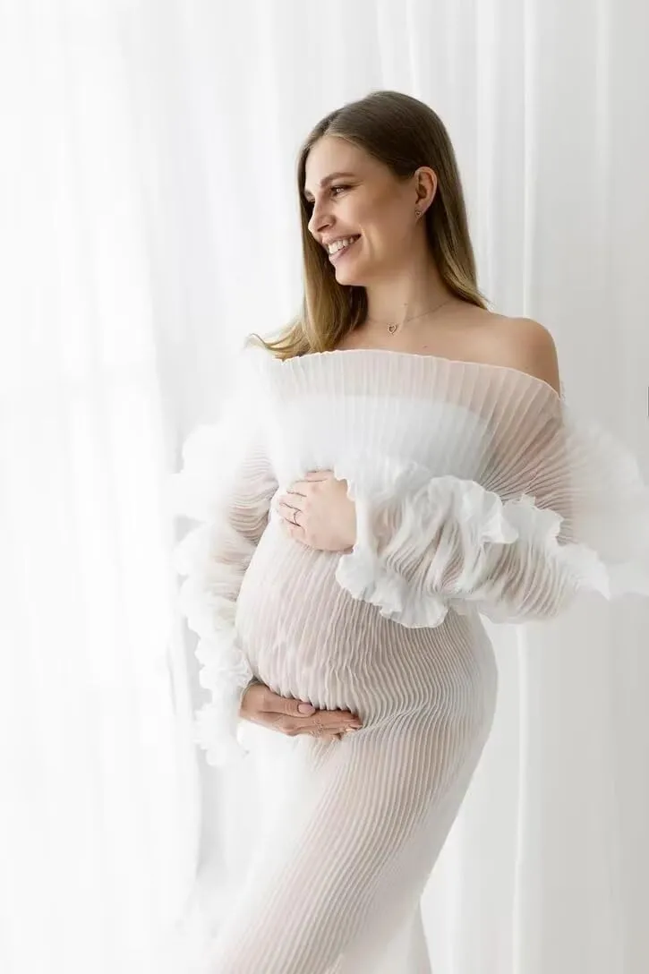 Sheer Tulle Maternity Dresses for Photoshoot Puffy Ruffle Outfit Maxi Pregnancy Dress for Baby Shower