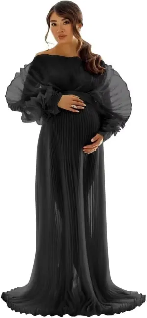 Sheer Tulle Maternity Dresses for Photoshoot Puffy Ruffle Outfit Maxi Pregnancy Dress for Baby Shower