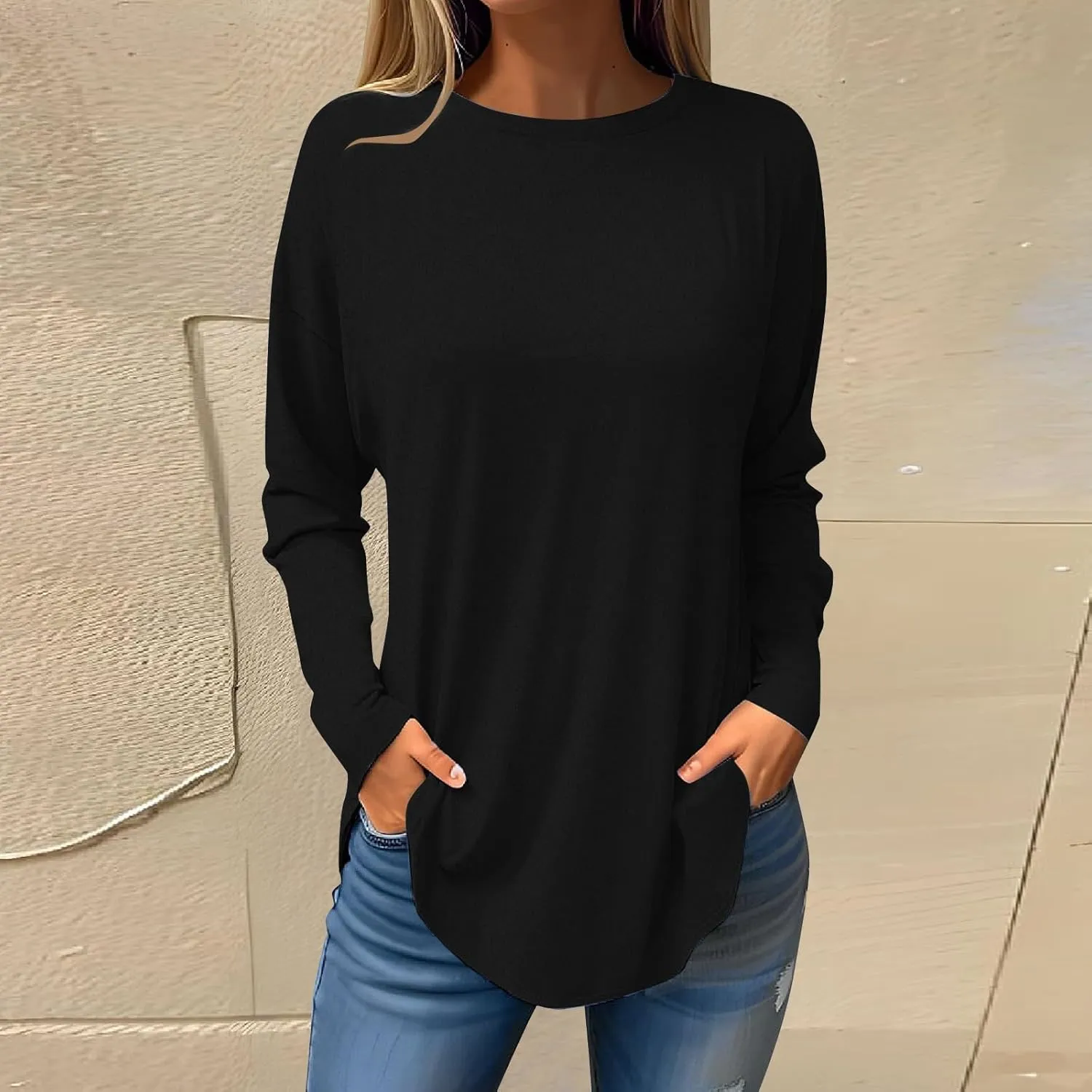 Shirts for Women Dressy Casual Fall Solid Tunic Tops Blouses Casual Long Sleeve Sexy Tops Winter Crew Neck Sweatshirts