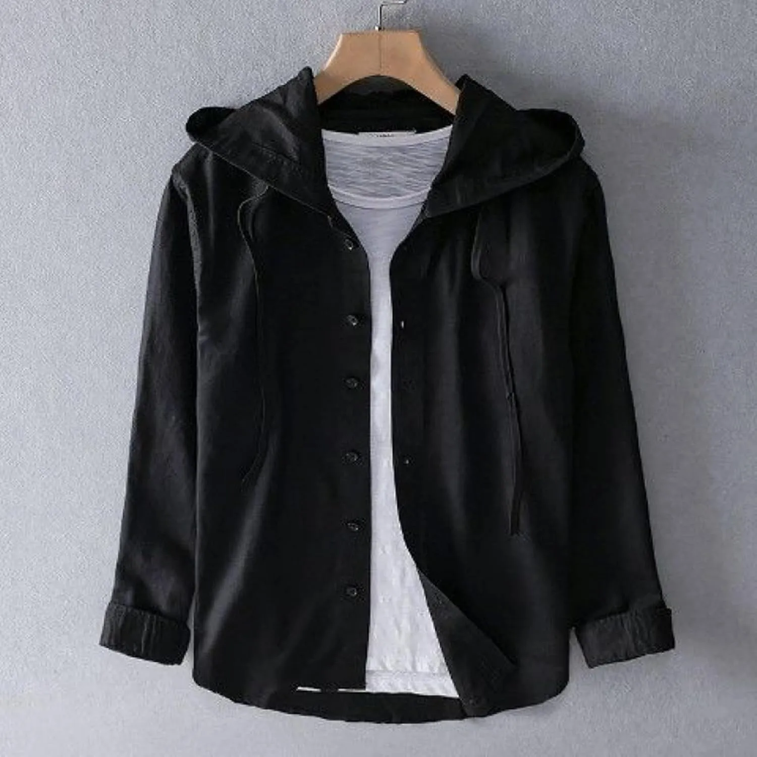 Spring and Summer New Men's Loose Fashion Sunscreen Hooded Long Sleeve Solid Color Linen Shirt Floral Sleeve Men Shirt