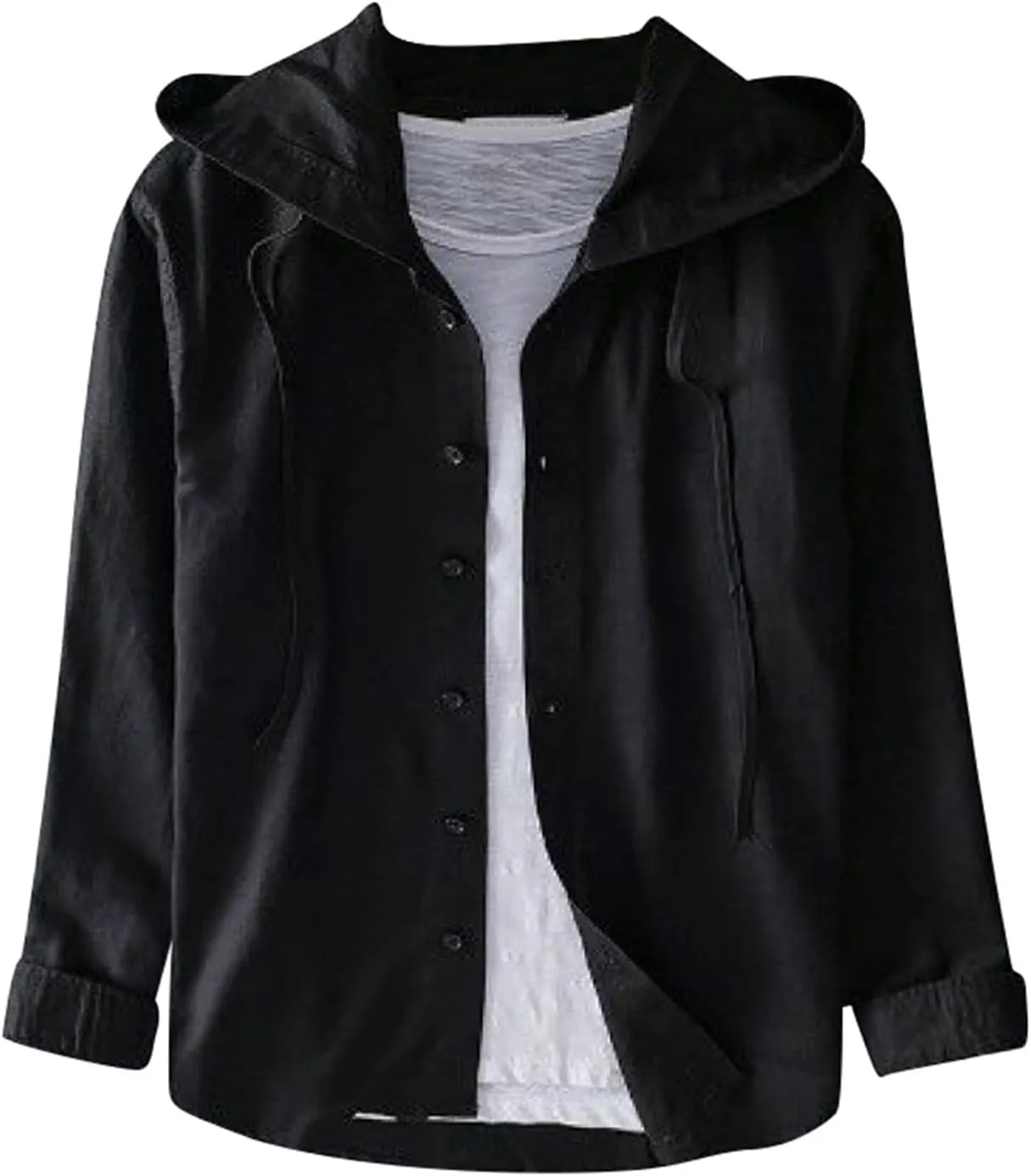 Spring and Summer New Men's Loose Fashion Sunscreen Hooded Long Sleeve Solid Color Linen Shirt Floral Sleeve Men Shirt