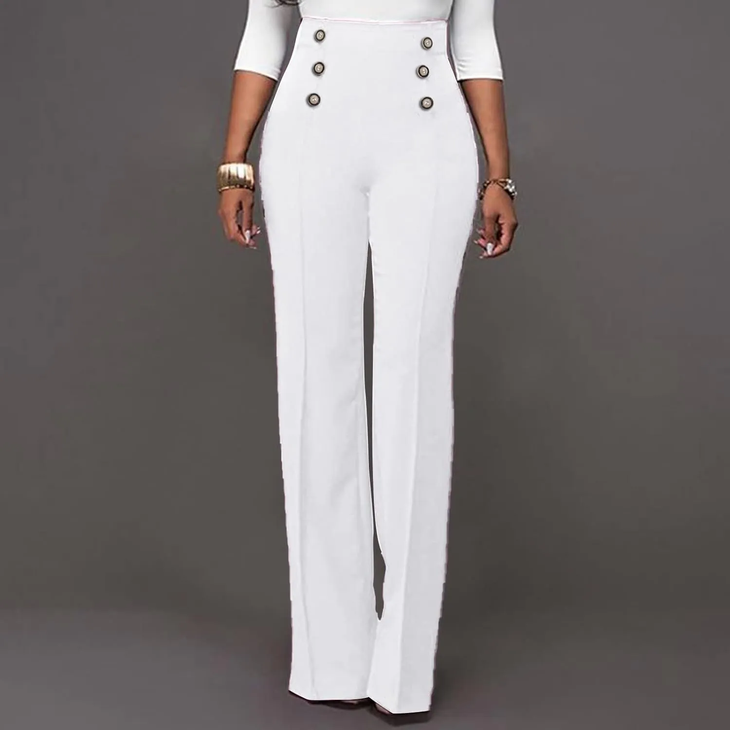 Stylish Elastic High Waist Straight Wide Leg Trousers for Womens Casual Lightweight Solid Color Soft Comfortable Button Pants