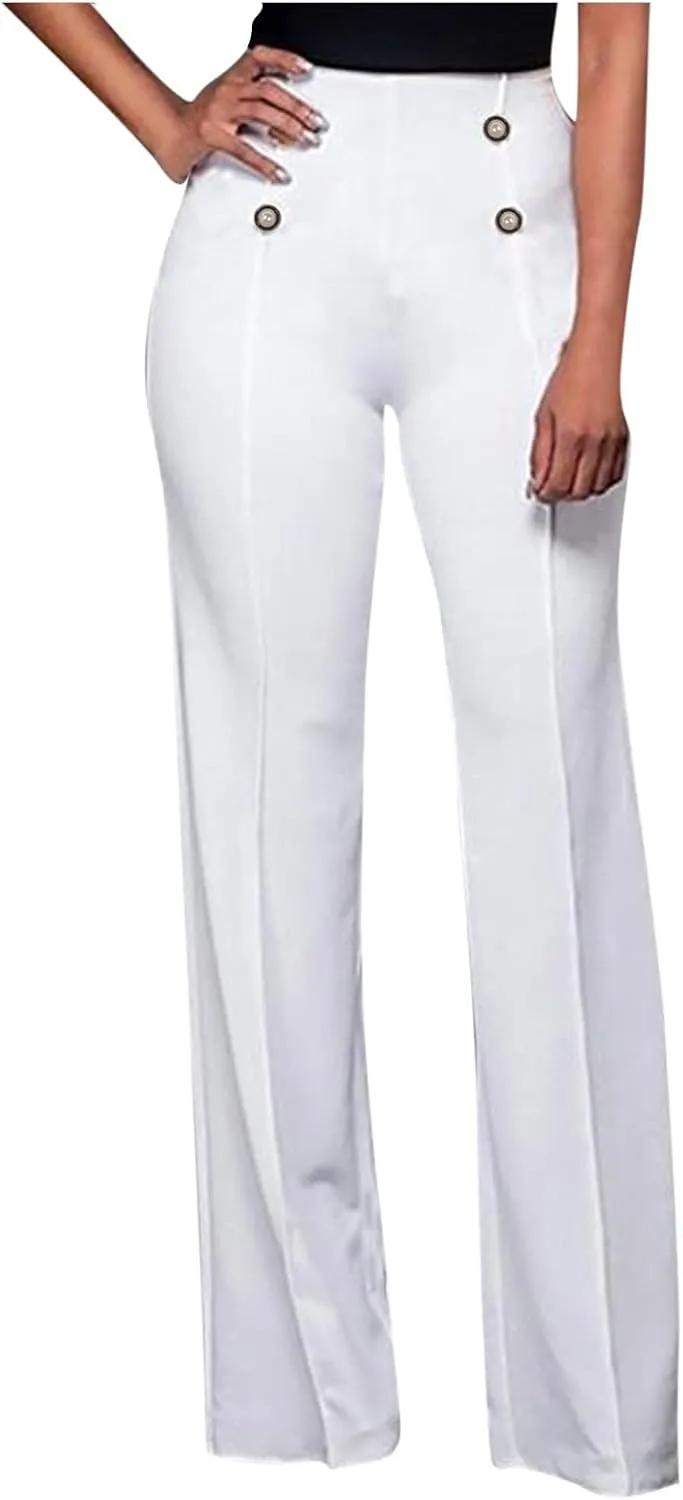 Stylish Elastic High Waist Straight Wide Leg Trousers for Womens Casual Lightweight Solid Color Soft Comfortable Button Pants