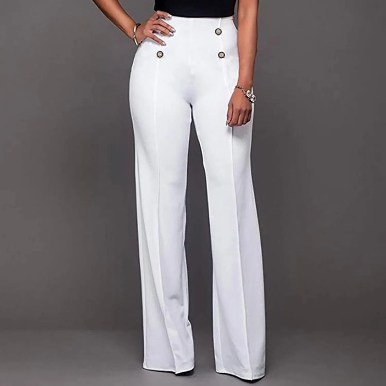 Stylish Elastic High Waist Straight Wide Leg Trousers for Womens Casual Lightweight Solid Color Soft Comfortable Button Pants