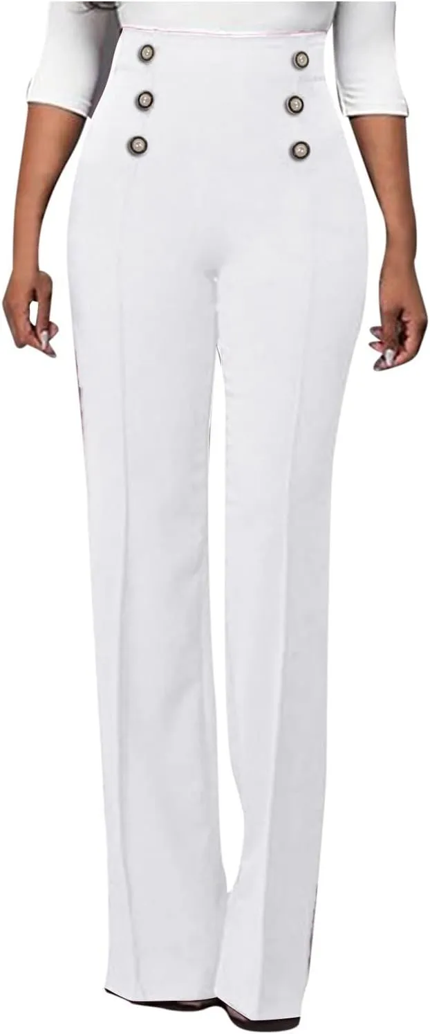 Stylish Elastic High Waist Straight Wide Leg Trousers for Womens Casual Lightweight Solid Color Soft Comfortable Button Pants