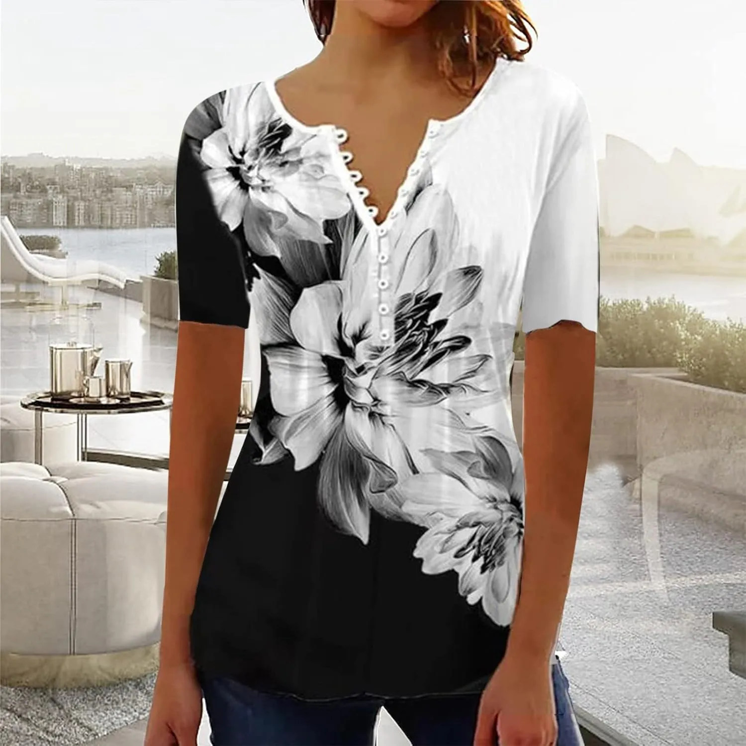 Summer 2025 Womens Short Sleeve Tops Casual Summer V Neck Floral Tunics Flowy Blouses Henley Shirts