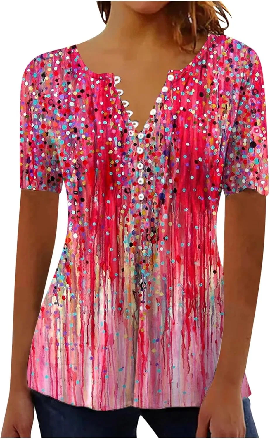 Summer 2025 Womens Short Sleeve Tops Casual Summer V Neck Floral Tunics Flowy Blouses Henley Shirts
