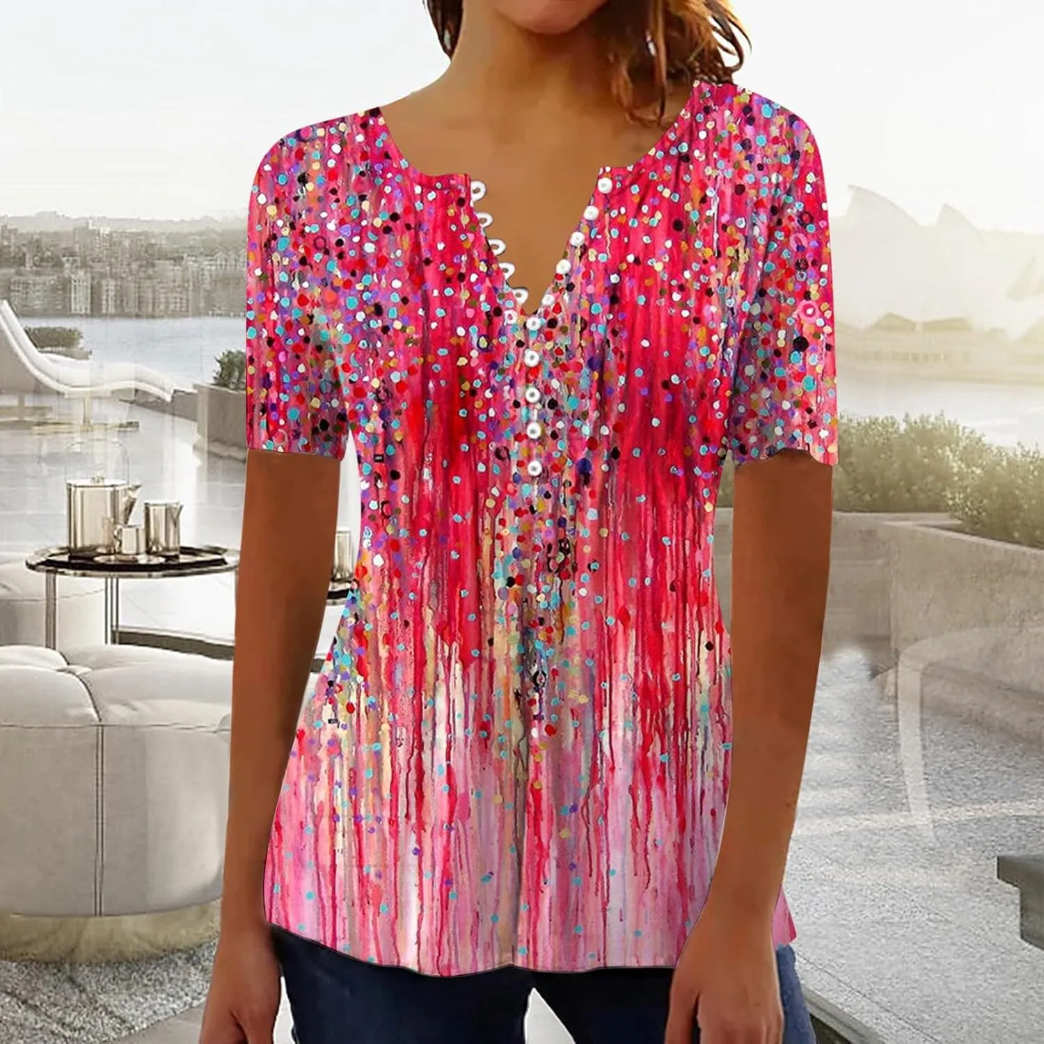 Summer 2025 Womens Short Sleeve Tops Casual Summer V Neck Floral Tunics Flowy Blouses Henley Shirts