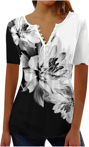 Summer 2025 Womens Short Sleeve Tops Casual Summer V Neck Floral Tunics Flowy Blouses Henley Shirts