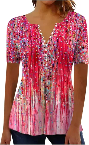 Summer 2025 Womens Short Sleeve Tops Casual Summer V Neck Floral Tunics Flowy Blouses Henley Shirts