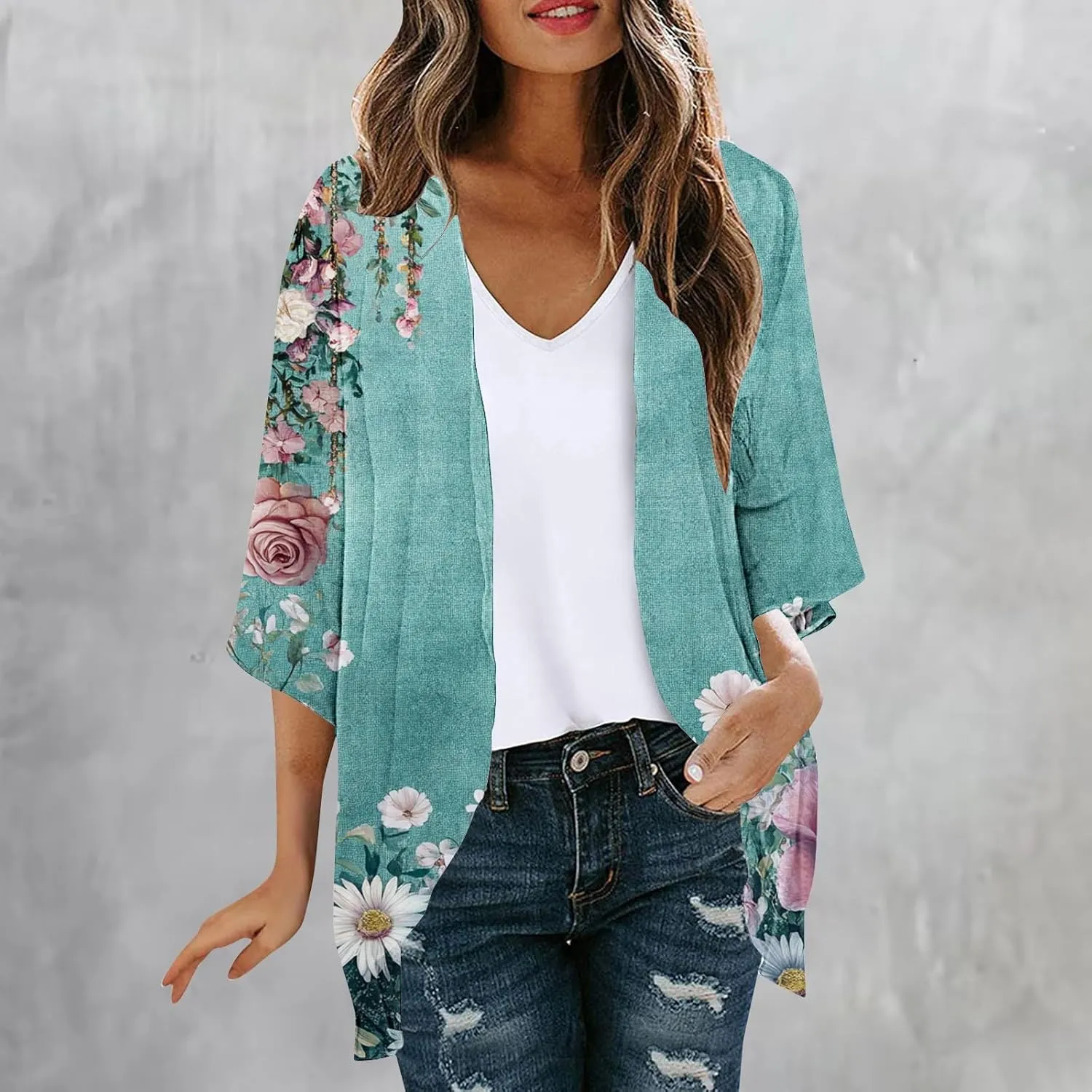 Summer Cardigans for Women Lightweight Beach Cover Ups Loose Floral 3/4 Sleeve Boho Kimono Vacation Outfits