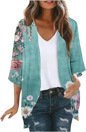 Summer Cardigans for Women Lightweight Beach Cover Ups Loose Floral 3/4 Sleeve Boho Kimono Vacation Outfits