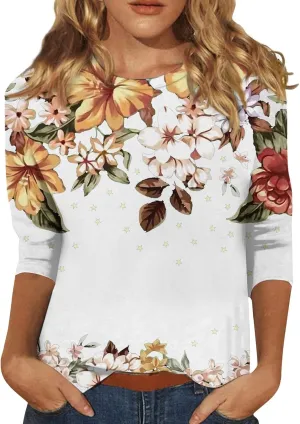 Summer Tops for Women 2024 3/4 Sleeve Crewneck Shirts Floral Print Tees Cute Graphic Tunics