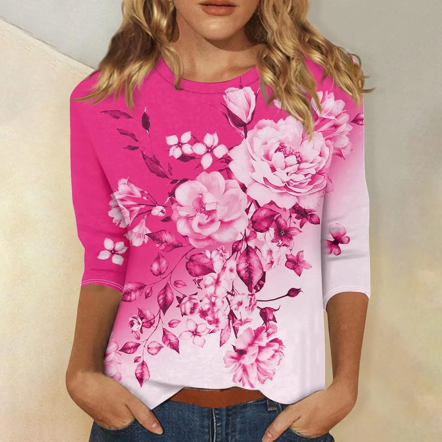 Summer Tops for Women 2024 3/4 Sleeve Crewneck Shirts Floral Print Tees Cute Graphic Tunics