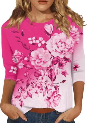 Summer Tops for Women 2024 3/4 Sleeve Crewneck Shirts Floral Print Tees Cute Graphic Tunics