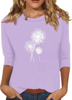 Summer Tops for Women 2024 3/4 Sleeve Crewneck Shirts Floral Print Tees Cute Graphic Tunics
