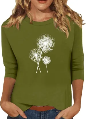 Summer Tops for Women 2024 3/4 Sleeve Crewneck Shirts Floral Print Tees Cute Graphic Tunics