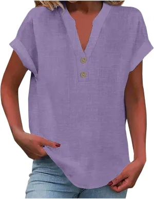 Summer Tops for Women Tunic V Neck Shirt Casual Button T Shirts 2025 Trendy Short Sleeve Cotton Linen Blouses Tees