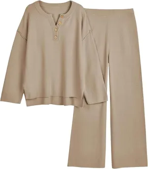 Sweater Sets Women 2 Piece Outfits Cozy Long Sleeve Knit Sweater Top Wide Leg Pants Lounge Sets