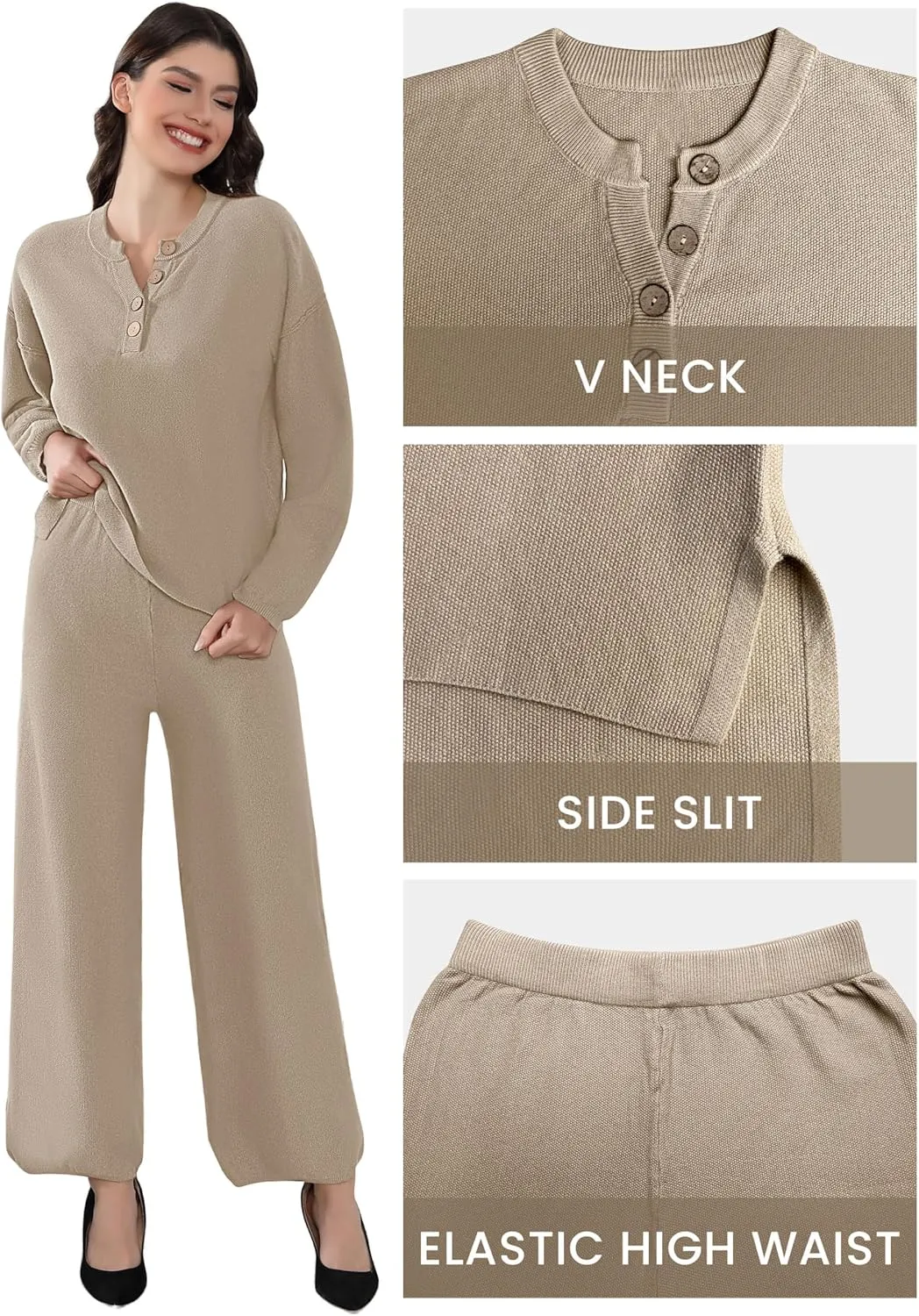 Sweater Sets Women 2 Piece Outfits Cozy Long Sleeve Knit Sweater Top Wide Leg Pants Lounge Sets