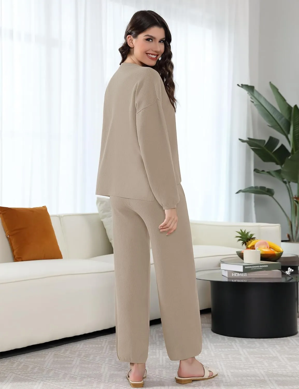 Sweater Sets Women 2 Piece Outfits Cozy Long Sleeve Knit Sweater Top Wide Leg Pants Lounge Sets