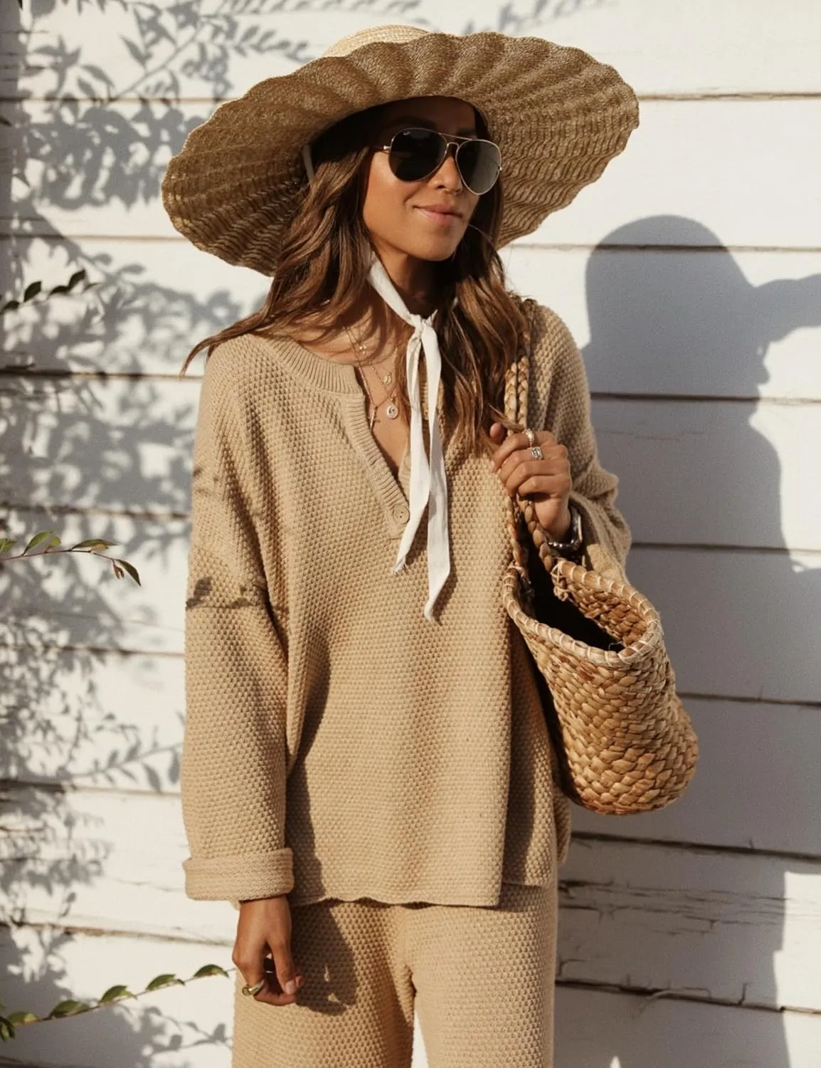 Sweater Sets Women 2 Piece Outfits Cozy Long Sleeve Knit Sweater Top Wide Leg Pants Lounge Sets