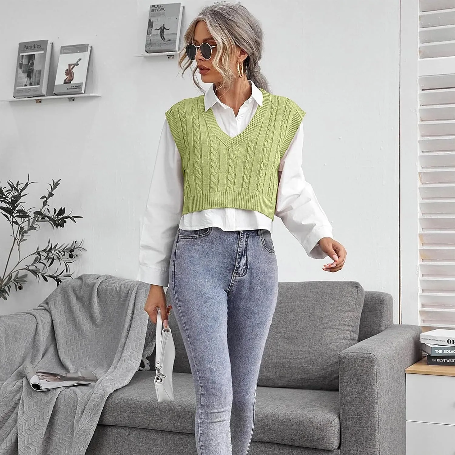 Sweater Tank Tops for Women 2024 Trendy Solid Color Cable Knit Crop Sweater Vest Cap Sleeves V-Neck Knitwear Tops