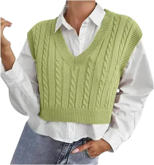 Sweater Tank Tops for Women 2024 Trendy Solid Color Cable Knit Crop Sweater Vest Cap Sleeves V-Neck Knitwear Tops